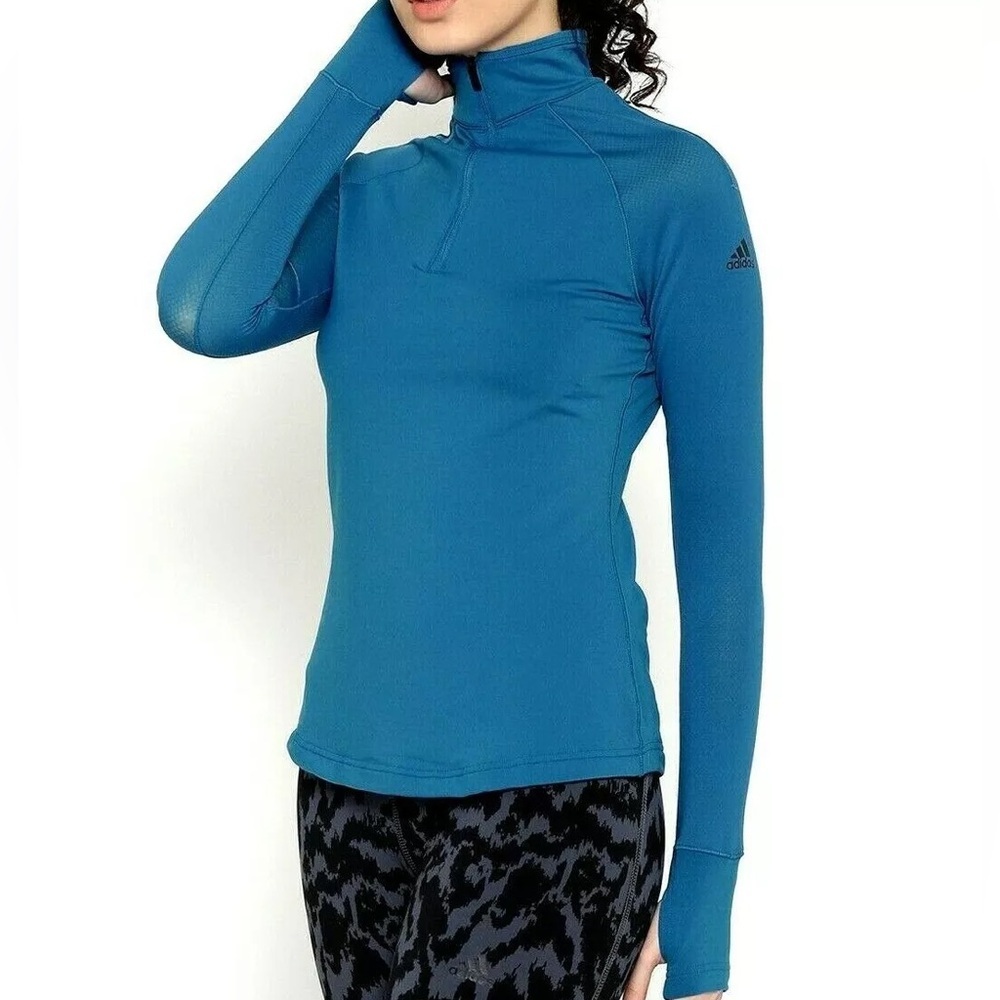 Adidas Womens Long Sleeve Techfit‎ 1/2 Zip Tomb Hole Climawarm Blue Fitted Top S